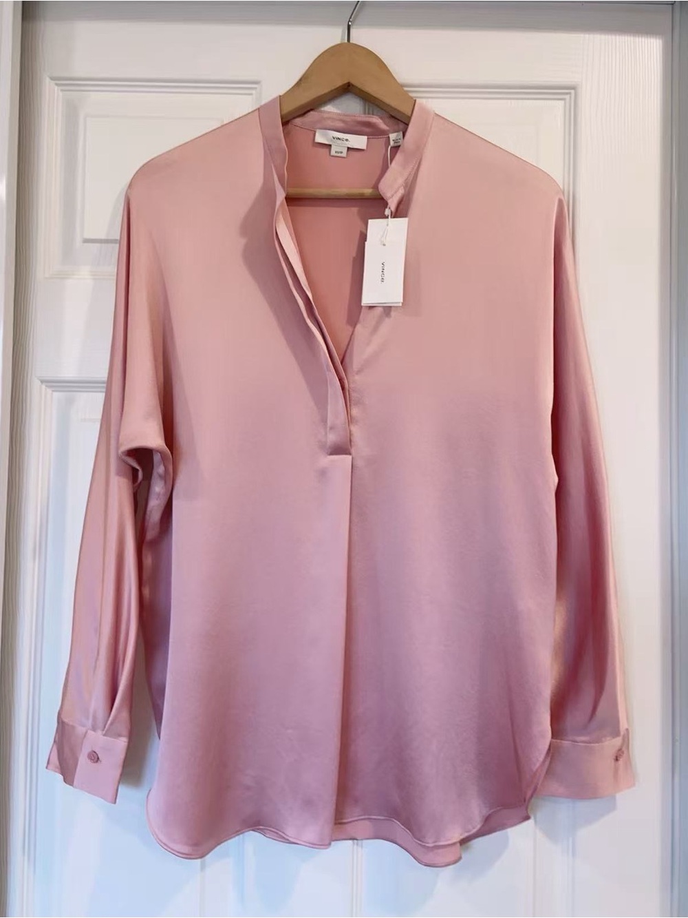 NWT Vince Satin Band Collat Pink Long-Sleeve Neck Silk Blouse